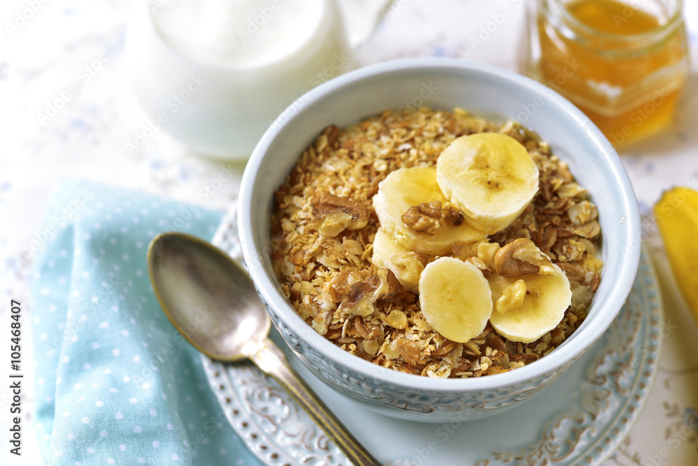 Granola with milk and banana slices. Granola with milk and banana slices.