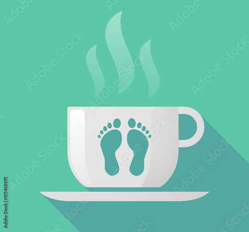 Long shadow cup of coffee with  two footprints