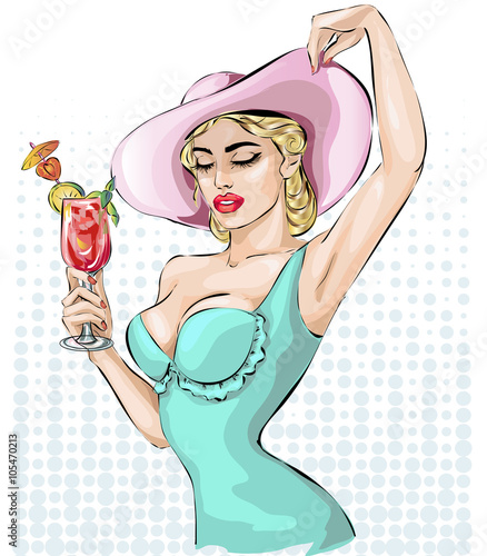 Pin-up woman wearing wide brim hats with cocktail