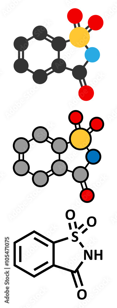 Saccharin artificial sweetener molecule (sugar substitute). 