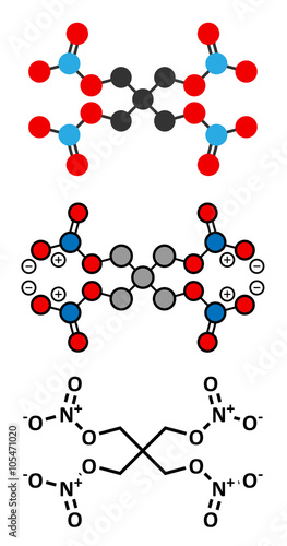Pentaerythritol tetranitrate (PETN) explosive molecule. 