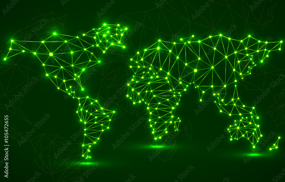Abstract polygonal world map with glowing dots and lines, network connections Abstract polygonal world map with glowing dots and lines, network connections