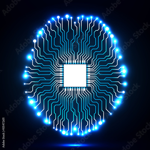 Neon brain. Cpu. Circuit board. Abstract technology background