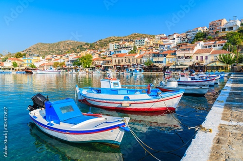 Traditional colourful Greek fishing boats in Pythagorion port  Samos island  Greece