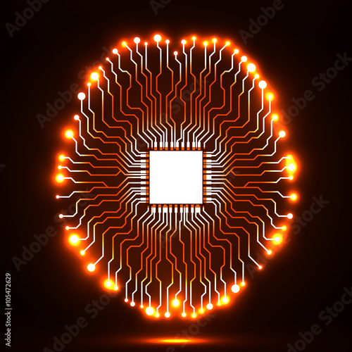 Neon brain. Cpu. Circuit board. Abstract technology background