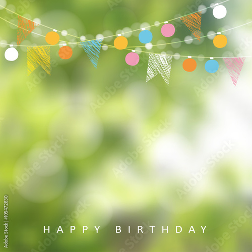 Birthday garden party or Brazilian june party, vector illustration with garland of lights, party flags, blurred background