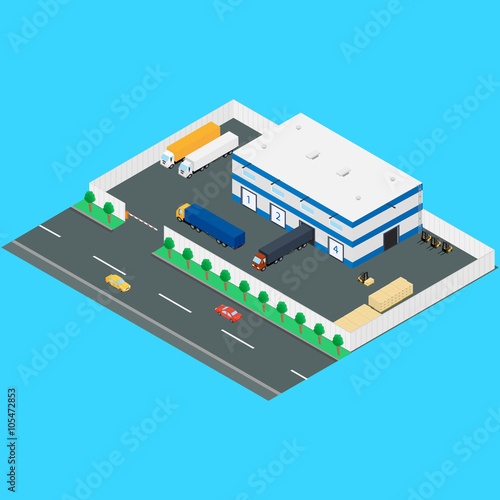 Vector illustration.  warehouse outside. Loading the truck from the warehouse. forklift loading boxes. Cars on the road.