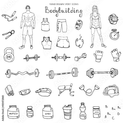 Hand drawn doodle Bodybuilding set Vector illustration sport icons Body building elements Fitness symbols collection Sport equipment Fitness and gym design Strong man and fit woman Weight lifting gear