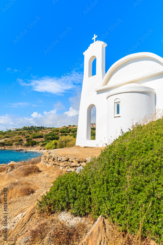 White Greek church on coast of Samos island, Greece