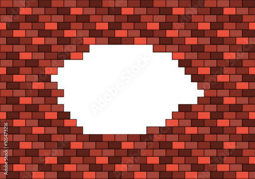 Broken red brick wall with big white hole inside with copyspace