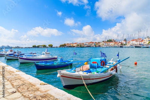 Typical colorful Greek fishing boats in Pythagorion port on Samos island  Greece