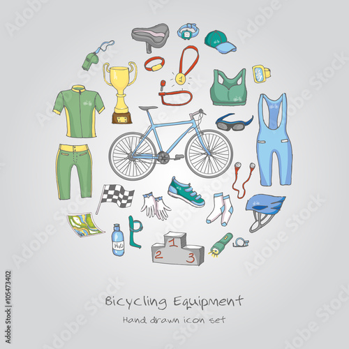 Bicycle equipment hand drawn set  doodle vector illustration of various stylized bicycle icons  bicycling equipment and accessories icons sketch collection  bicycling gear  cycling cloth and shoes
