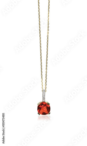 Red Ruby Gemstone diamond necklace with chain isolated on white