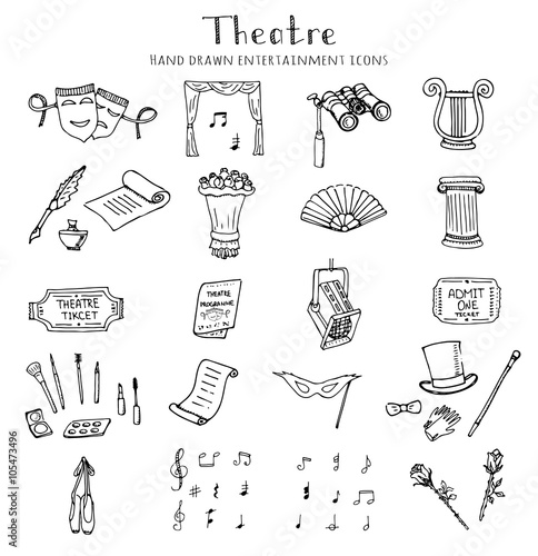 Hand drawn doodle Theatre set Vector illustration Sketchy theater icons  Theatre acting performance elements Ticket Masks Lyra Flowers Curtain stage Musical notes Pointe shoes Make-up artist tools