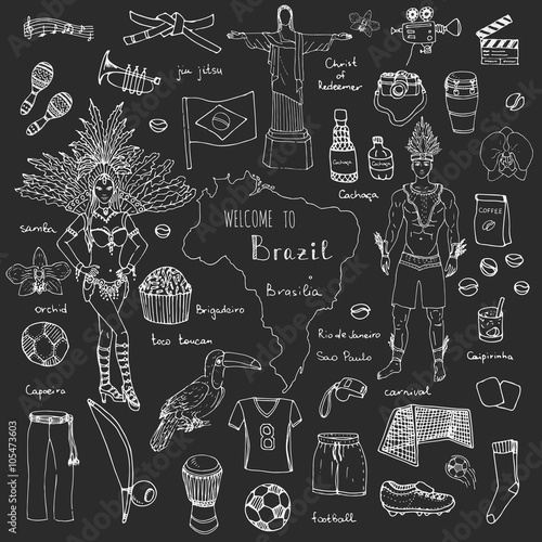 Hand drawn doodle Welcome to Brazil set Vector illustration Sketchy Brazilian traditional icons Cartoon Brazil typical elements collection Landmark Football ball cleats goal Capoeira Samba Orchid