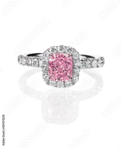 Pink diamond halo engagement wedding ring isolated on white