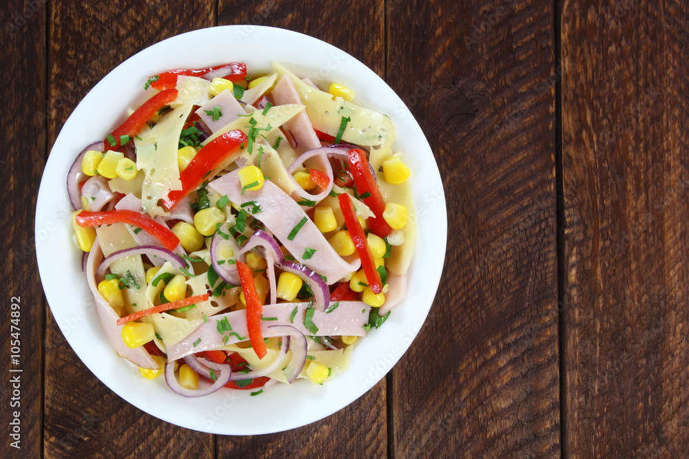 Salad with ham, paprika, corn,cheese and red onion Salad with ham, paprika, corn,cheese and red onion