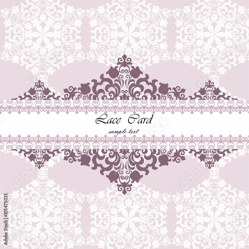 Lace card with ornament pattern background in rose quartz color. Vector