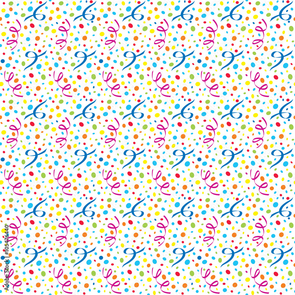White background of colorful confetti and streamers White background of colorful confetti and streamers