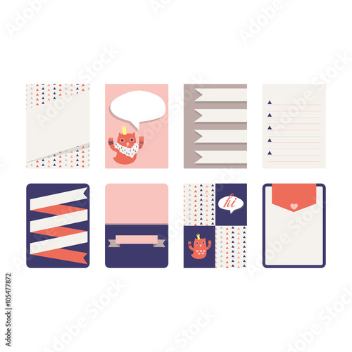 Owls and triangle pattern in pastel pink, beige,blue. Journaling cards, notes, stickers, labels, tags with cute decorative illustrations. Template for scrapbooking, wrapping, notebooks, diary, decals.