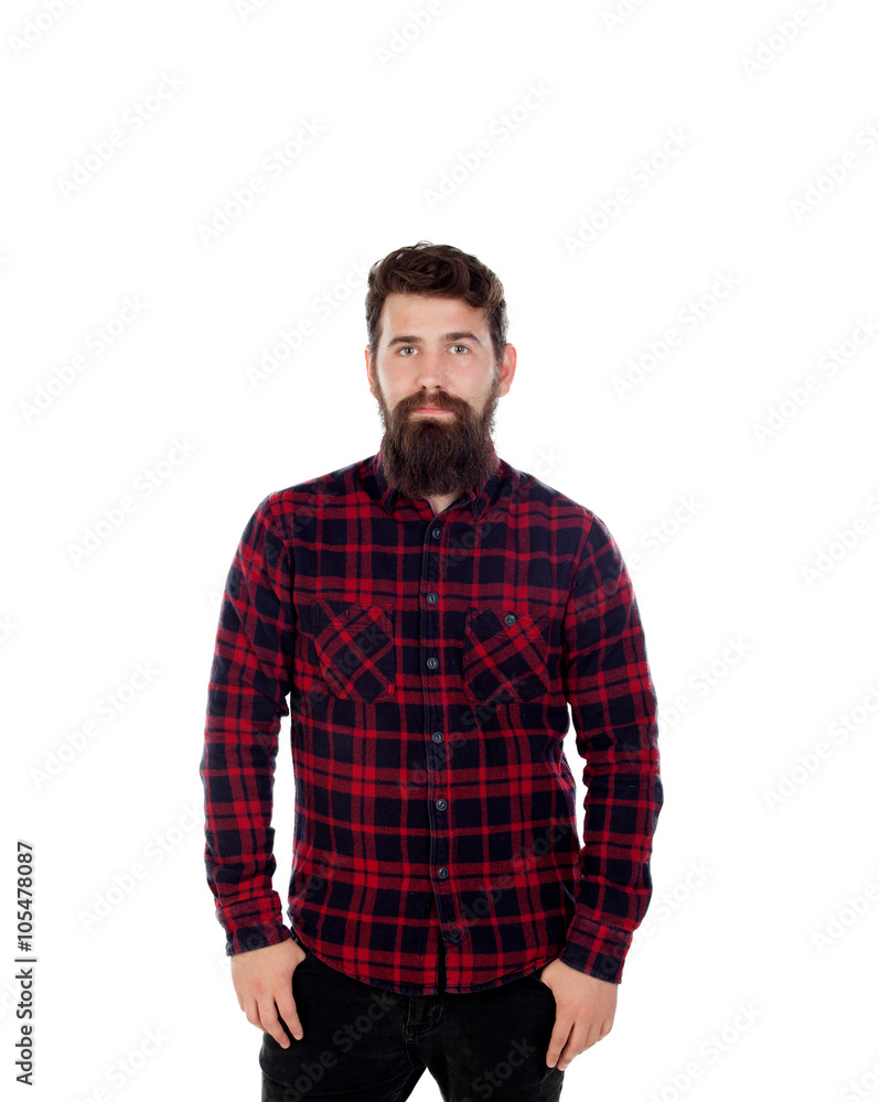 Handsome man with long beard wearing checkered shirt Handsome man with long beard wearing checkered shirt