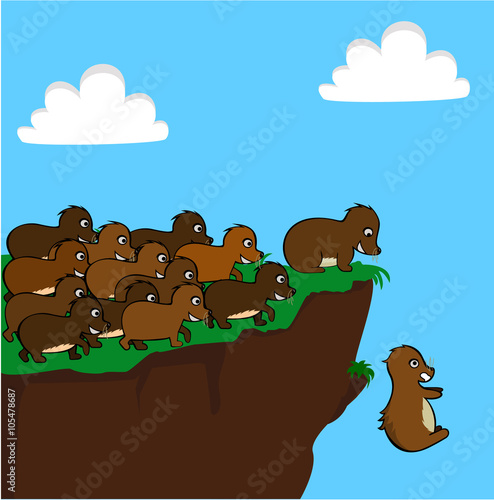 Lemmings jumping off a cliff