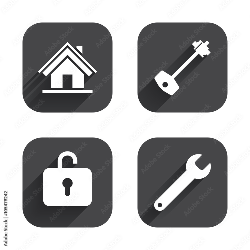 Home key icon. Wrench service tool symbol. Home key icon. Wrench service tool symbol.