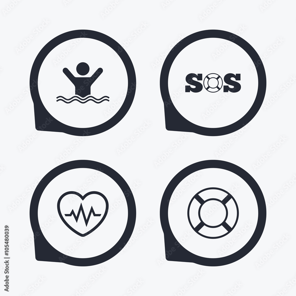 SOS lifebuoy icon. Heartbeat cardiogram.
