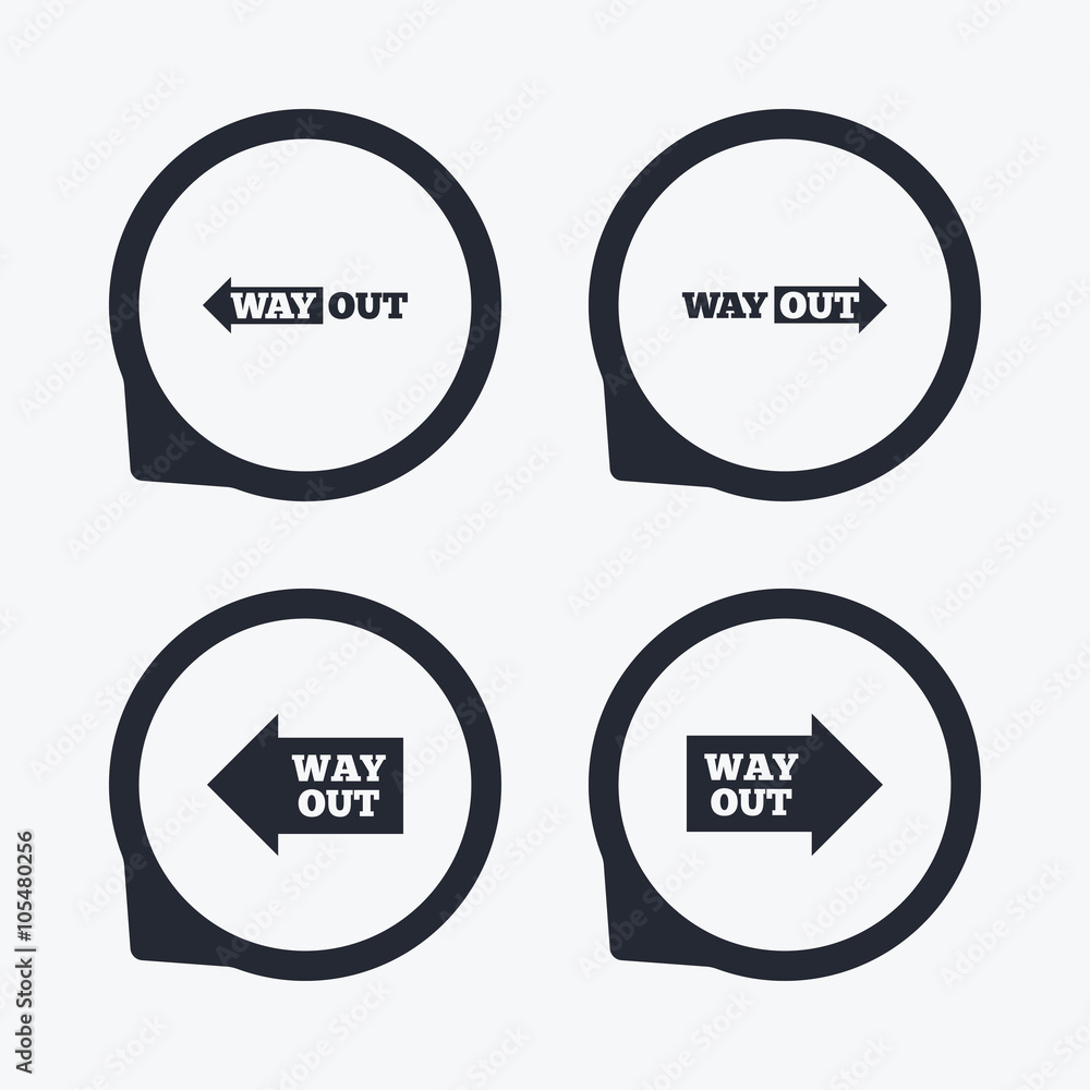 Way out icons. Left and right arrows symbols. Way out icons. Left and right arrows symbols.