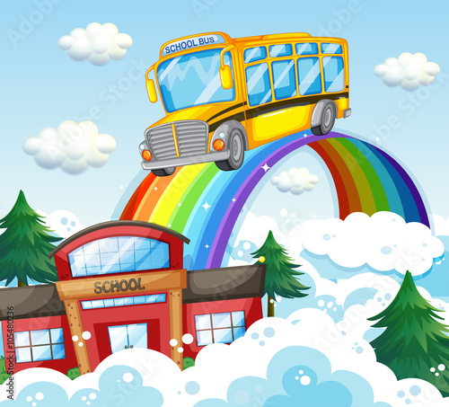 School bus riding over the rainbow