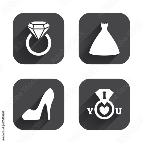 Wedding dress icon. Women's shoe symbol.