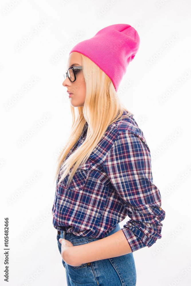 Side view photo of girl in glasses and pink cap Side view photo of girl in glasses and pink cap