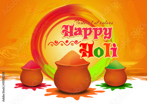 Pots with Colorful gulaal (powder color) for festival of colors Happy Holi. Happy Holi greeting card. Vector illustration