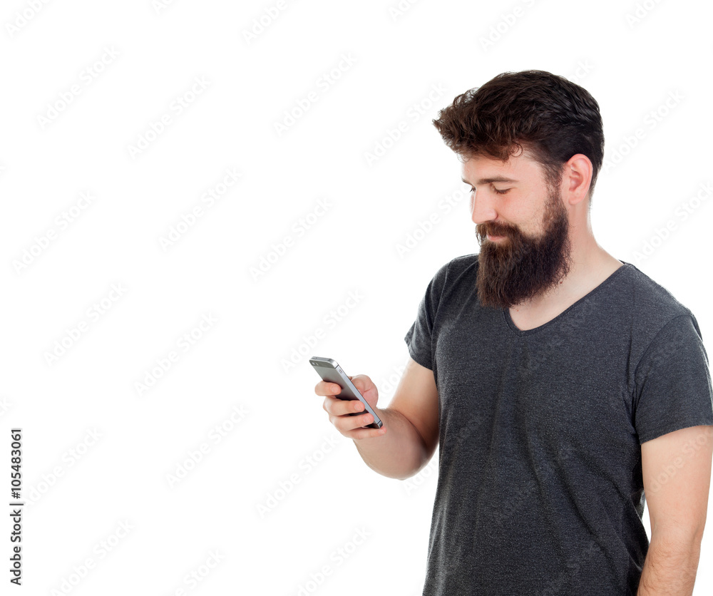 Handsome boy with long beard and a mobile Handsome boy with long beard and a mobile