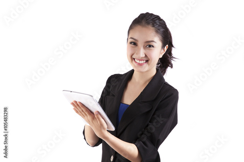 business woman holding tablet computer isolated on white backgro