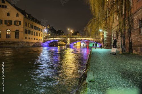 View on river in Strasbourg, France at night