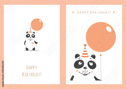 Fototapeta Naklejka Na Ścianę i Meble -  Birthday cards set with cute cartoon pandas. Balloons and party hats. Vector image.