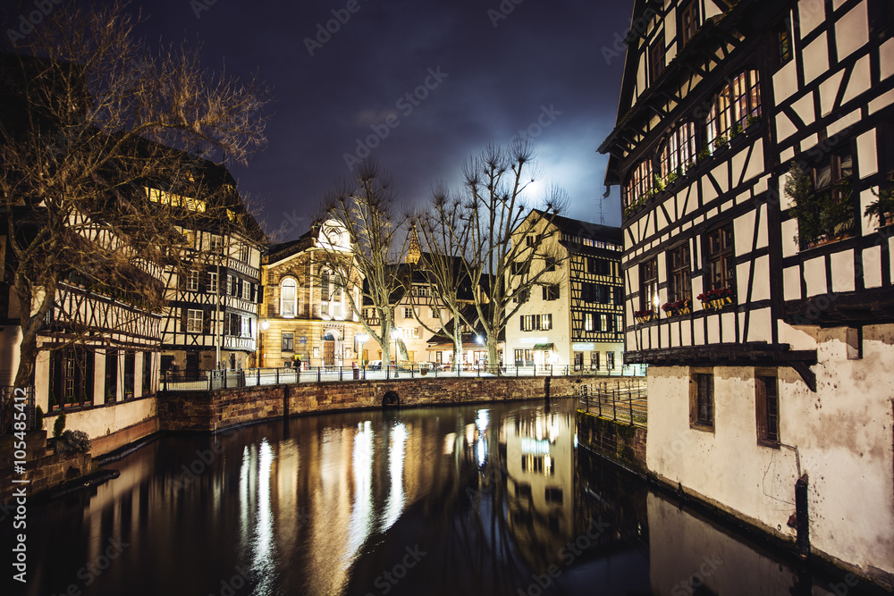 View on river in Strasbourg, France at night