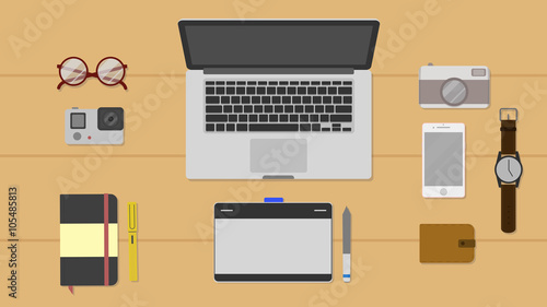 Set of Flat vector design illustration of modern business office and workspace. Top view of desk background with laptop,notebook and pen,action camera,digital drawing tablet,glasses,digital device.