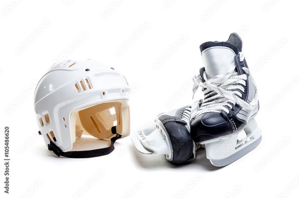 Obraz premium Ice Hockey Helmet and Skates Isolated on White
