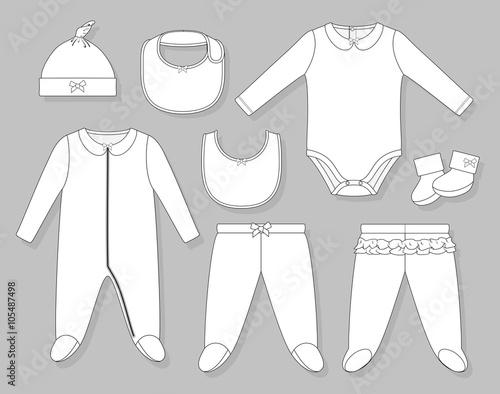 baby girl clothes set flat sketch isolated on grey background