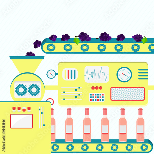 Factory producing rose wine from fresh grapes. Industrial production of rose wine bottles. Wine made from grapes Cabernet Sauvignon, Chardonnay, Grenache, Merlot or Pinot Noir.