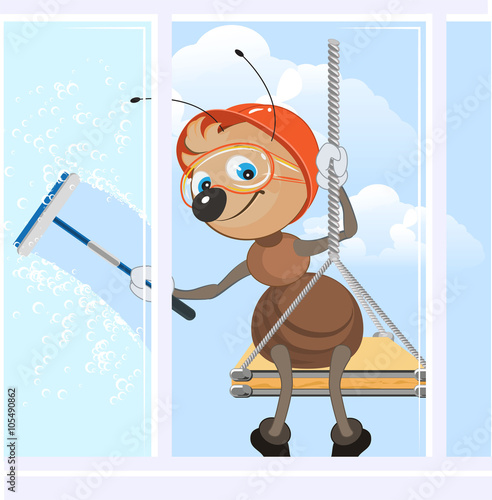 Climber washes window. Ant Industrial climber at work