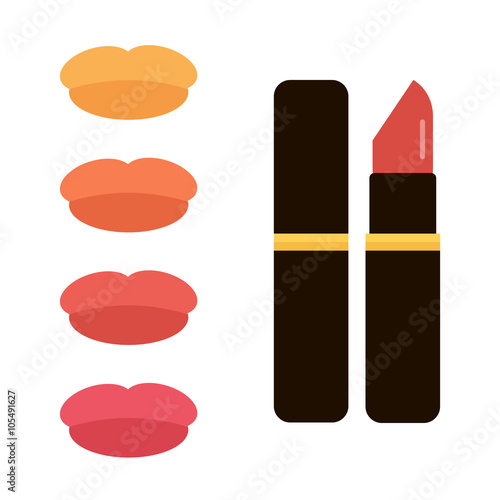 Flat design lipstick tube with colorful lips, swatches isolated on white background.
