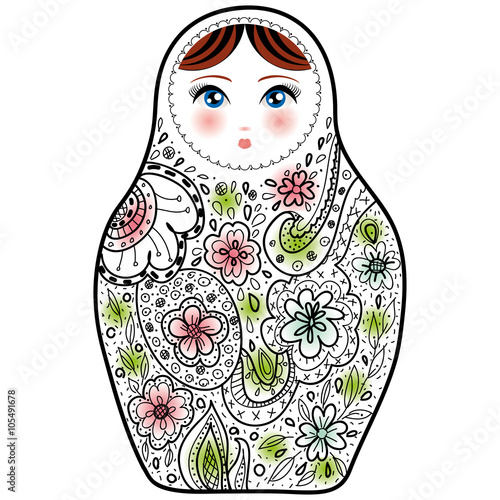 Russian doll matrioshka Babushka sketch on white background.