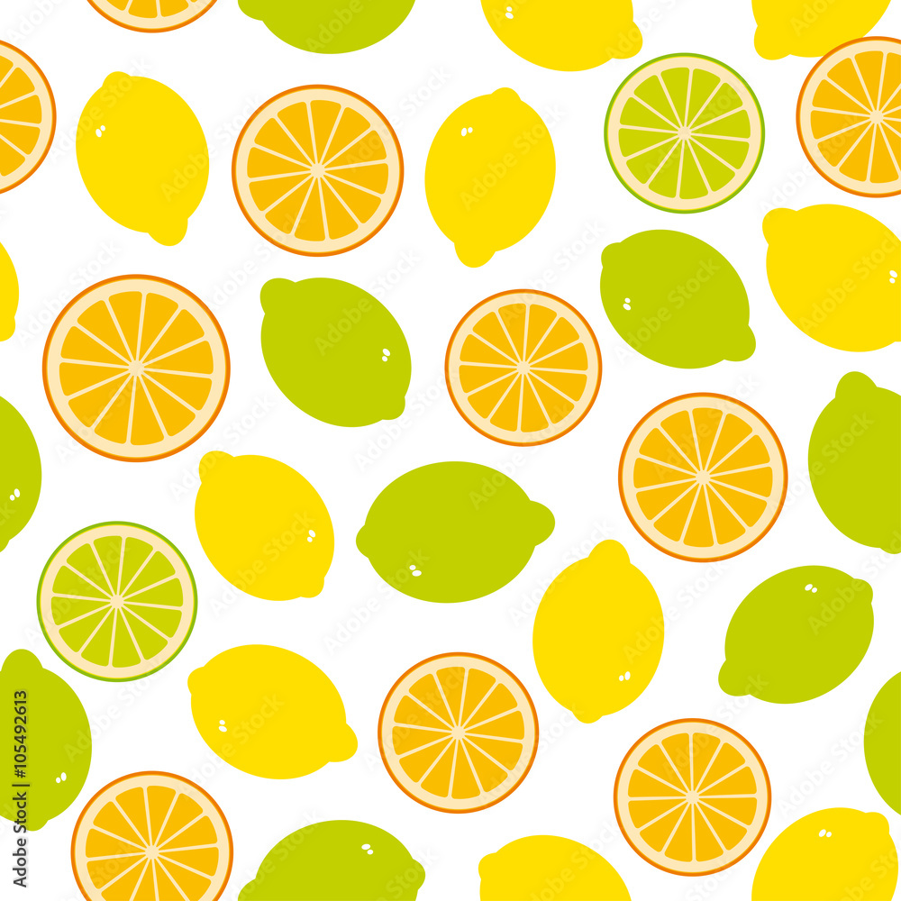 Seamless pattern with lemon, lime, orange on the white background