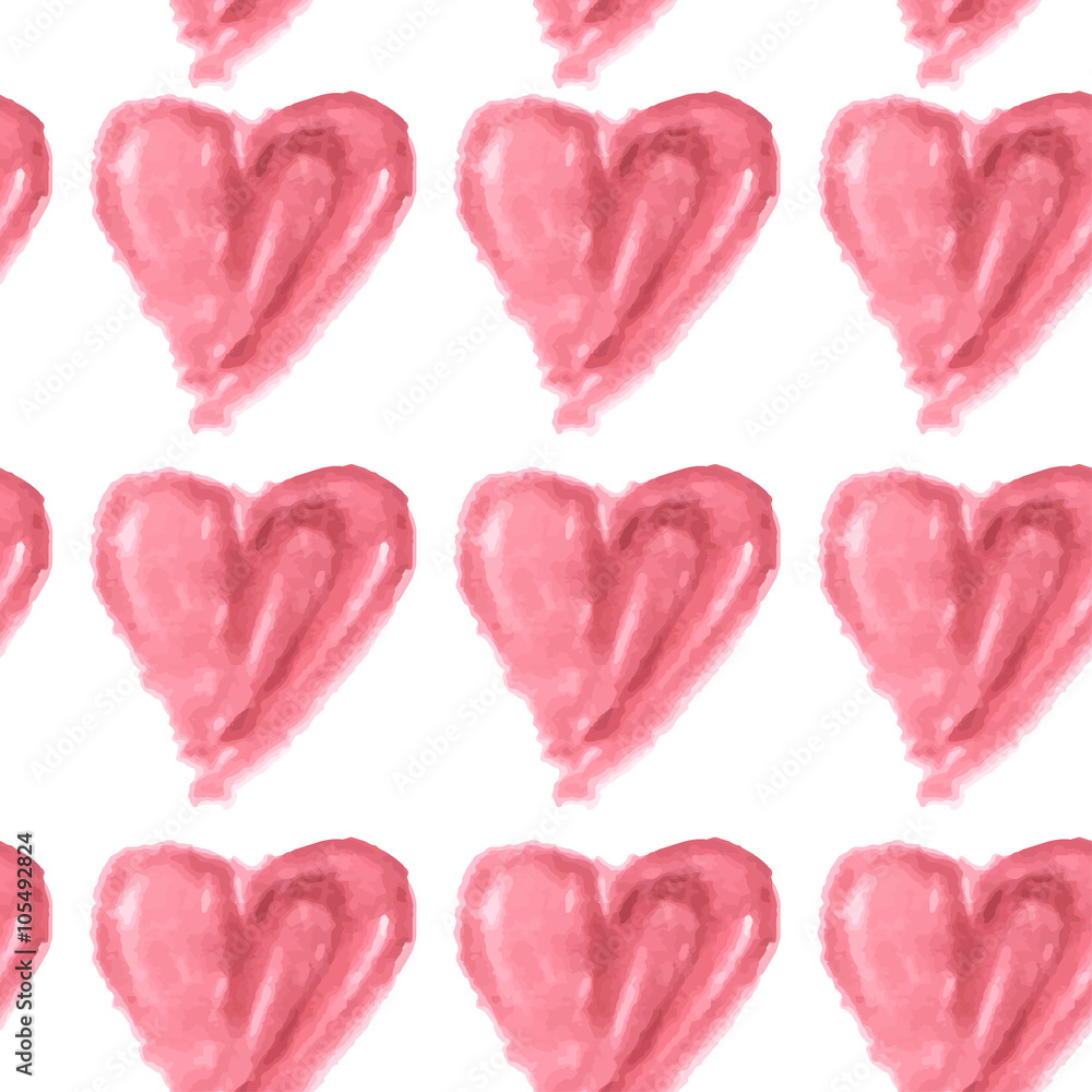 Seamless pattern of pink watercolor hearts on a white background