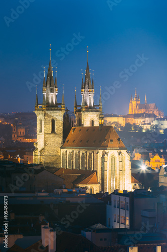 Night cityscape of Prague, Czech Republic. Church Of Our Lady Be