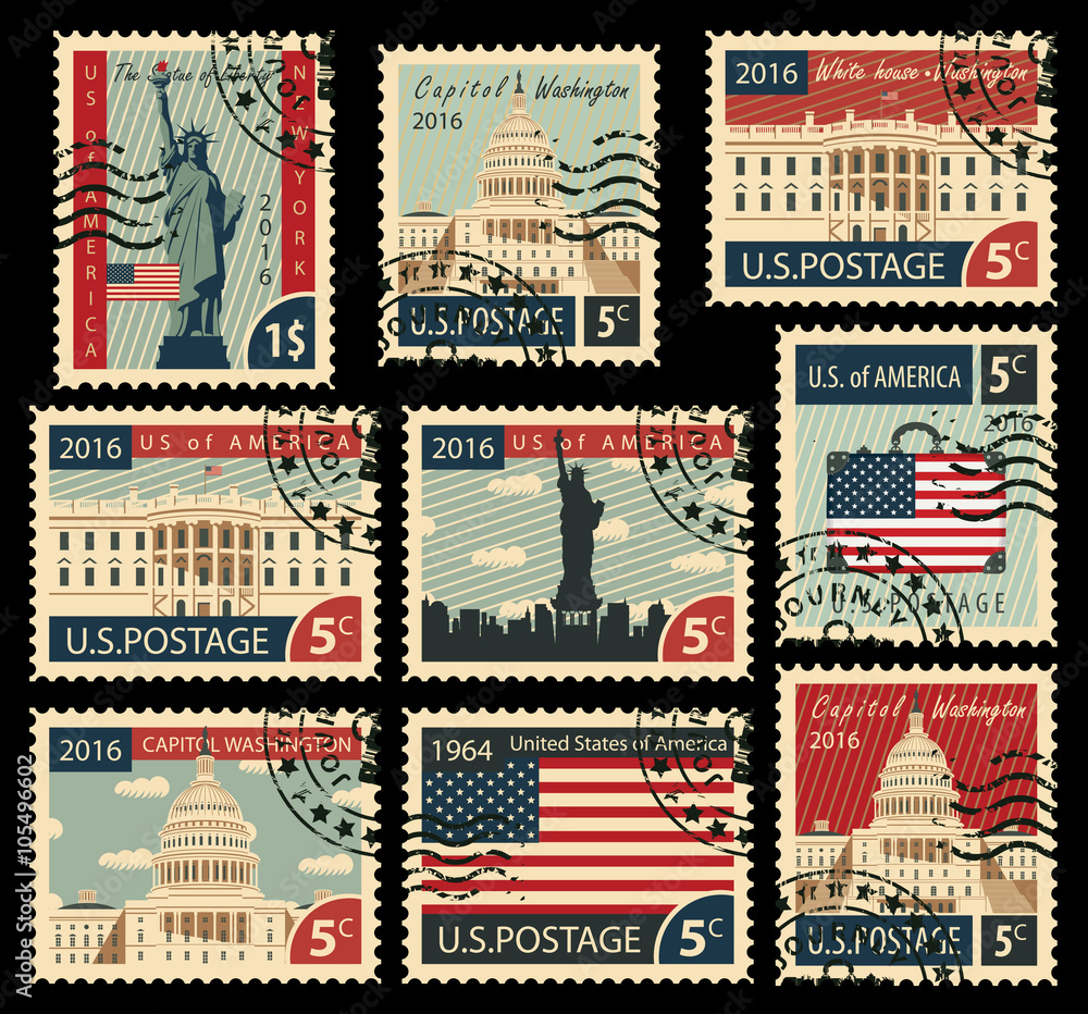 Fototapeta premium set of stamps with the image of the United States of America architectural landmarks