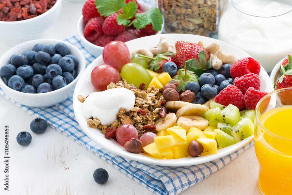 berries, fruits, nuts and granola on the plate berries, fruits, nuts and granola on the plate